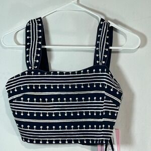 Avec Les Filles Navy Cream Embroidered Crop Top Shirt Zip Front Square Neck 2